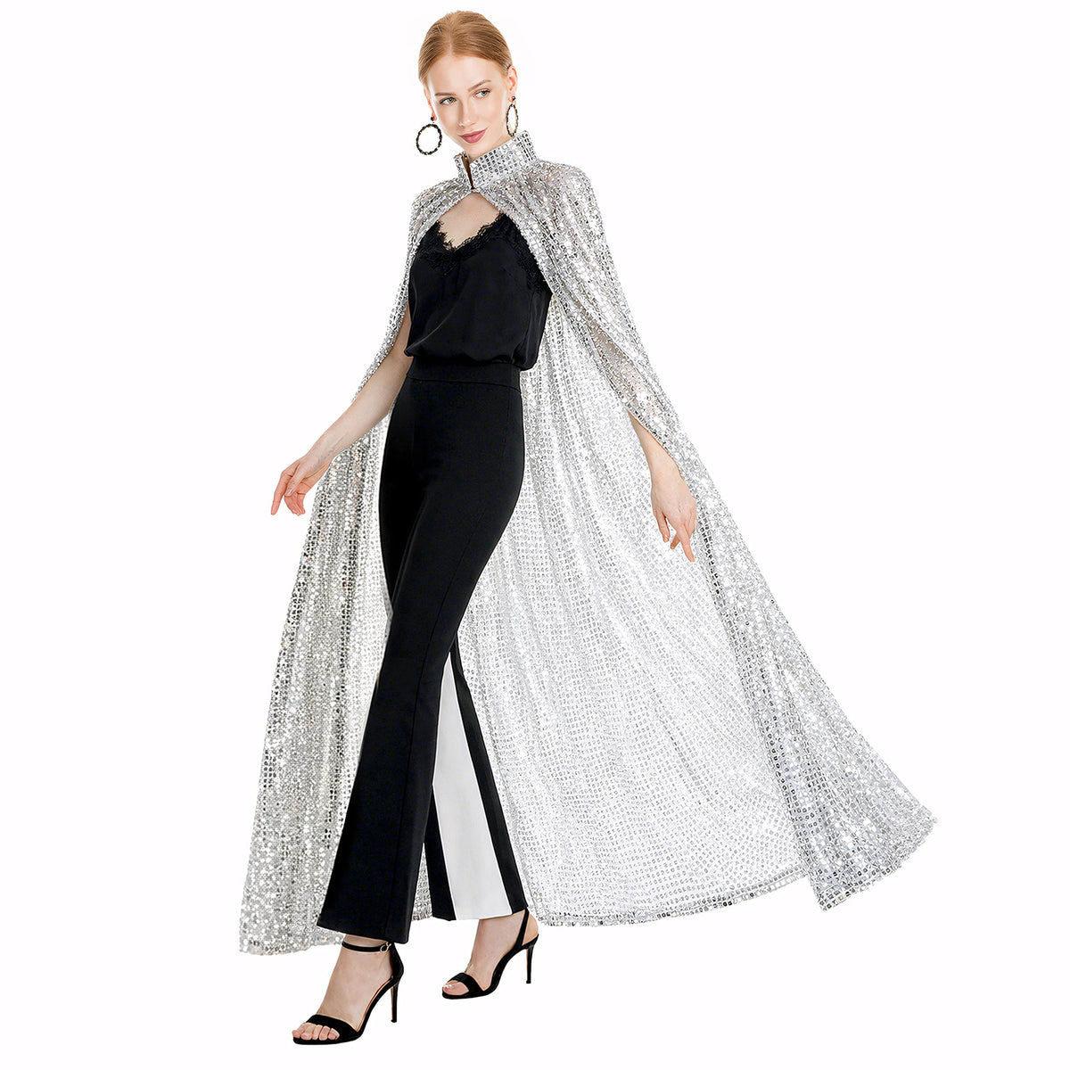 Silver Sequin Cape Long Glitter Cloak for Women Men Halloween Parties