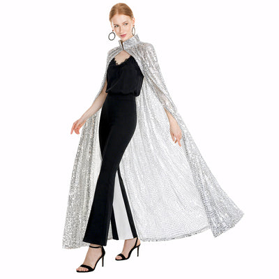 Silver Sequin Cape Long Glitter Cloak for Women Men Halloween Parties