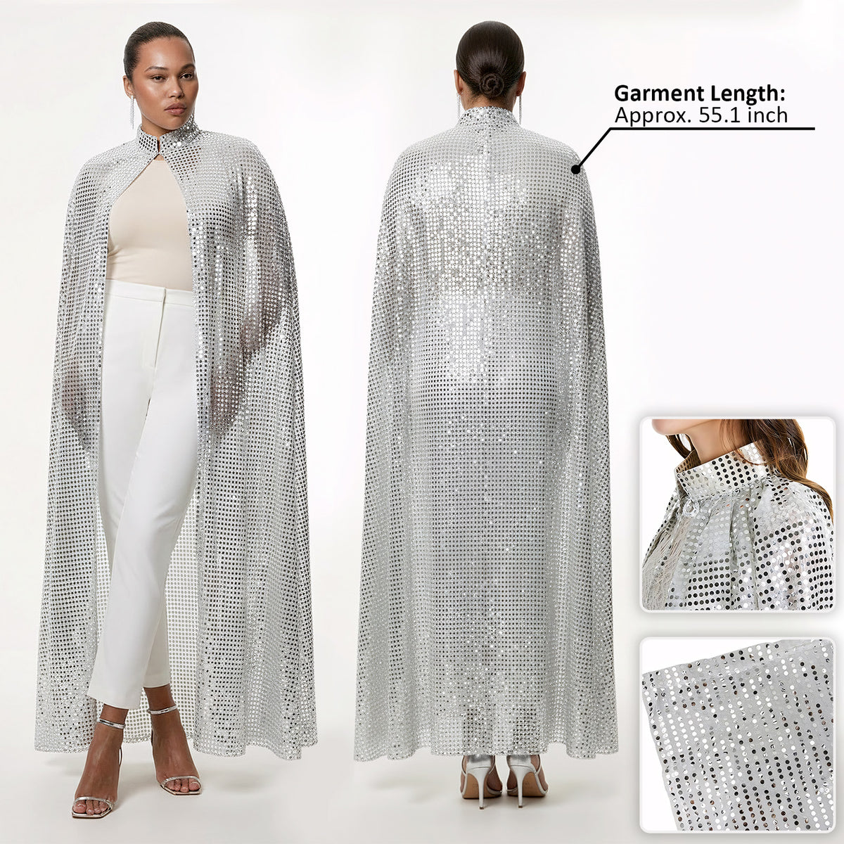 Silver Sequin Cape Long Glitter Cloak for Women Men Halloween Parties