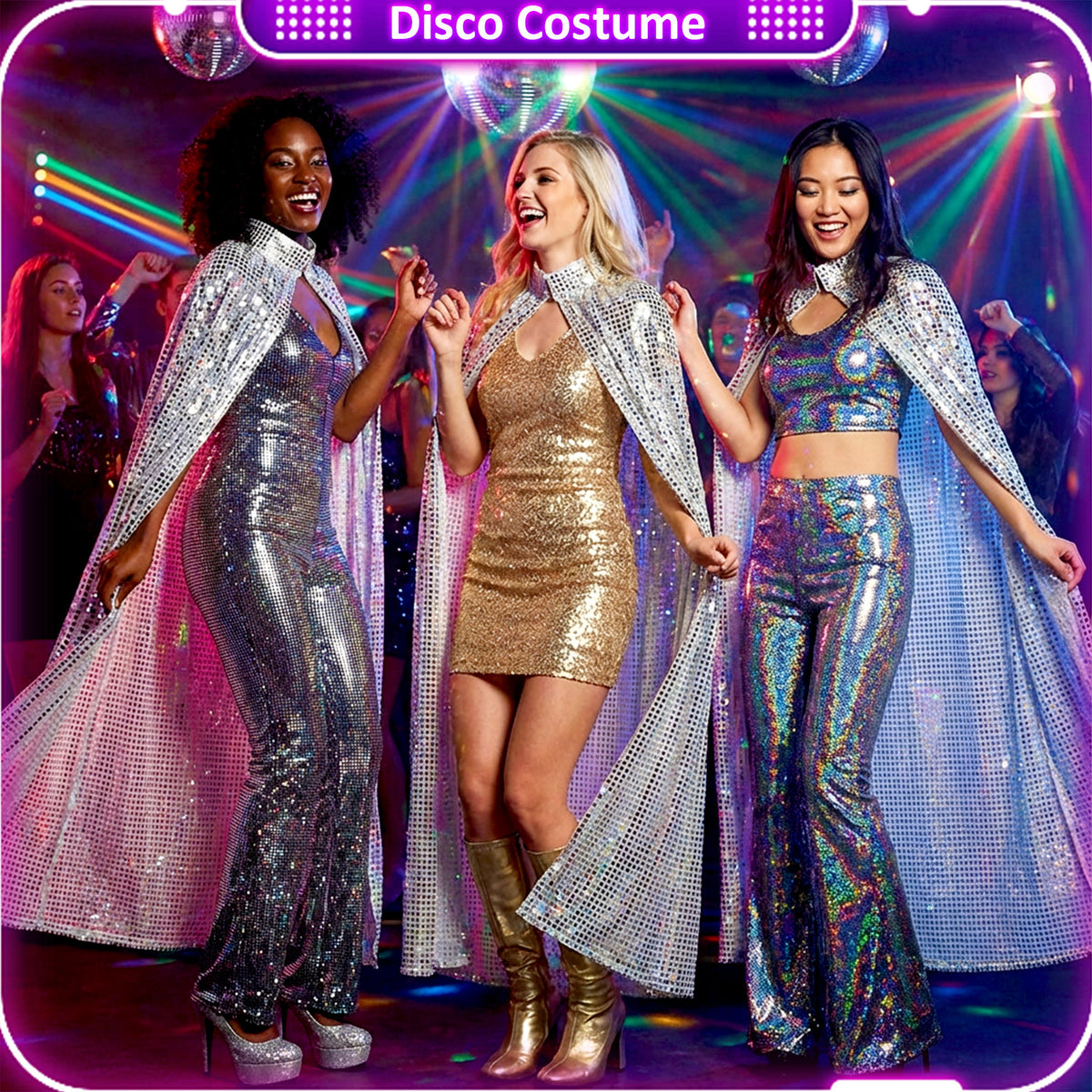 Silver Sequin Cape Long Glitter Cloak for Women Men Halloween Parties