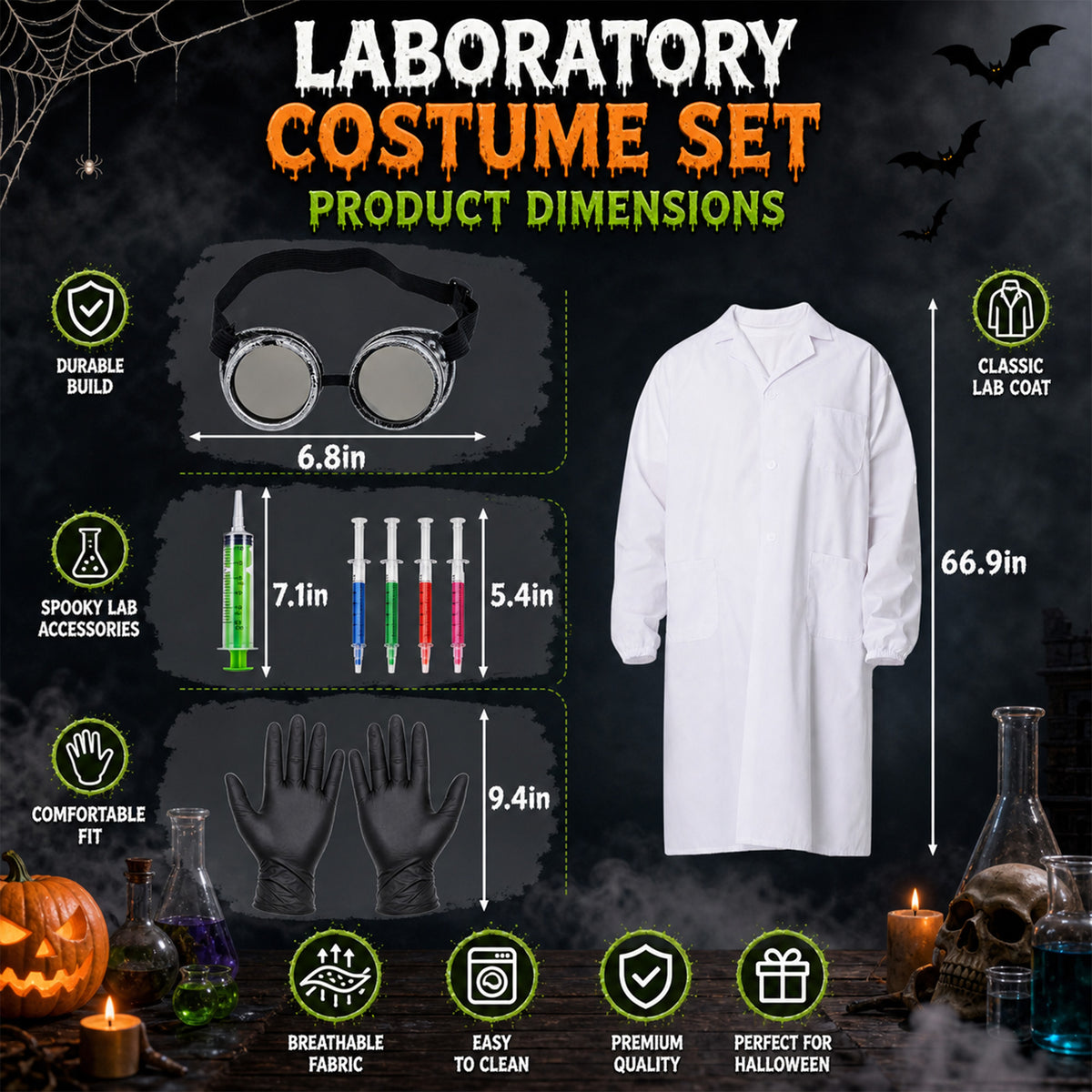 Mad Scientist Costume Set Lab Coat Goggles Gloves Green Syringe Halloween