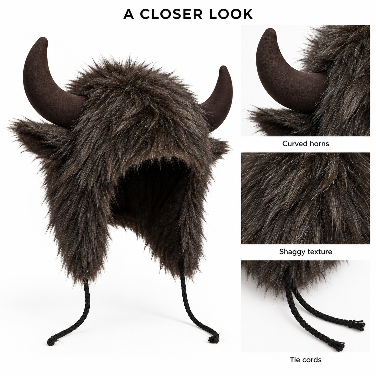 Plush Water Buffalo Hat Furry Winter Costume for Halloween and Parties