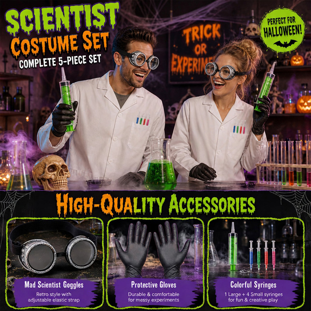 Mad Scientist Costume Set Lab Coat Goggles Gloves Green Syringe Halloween