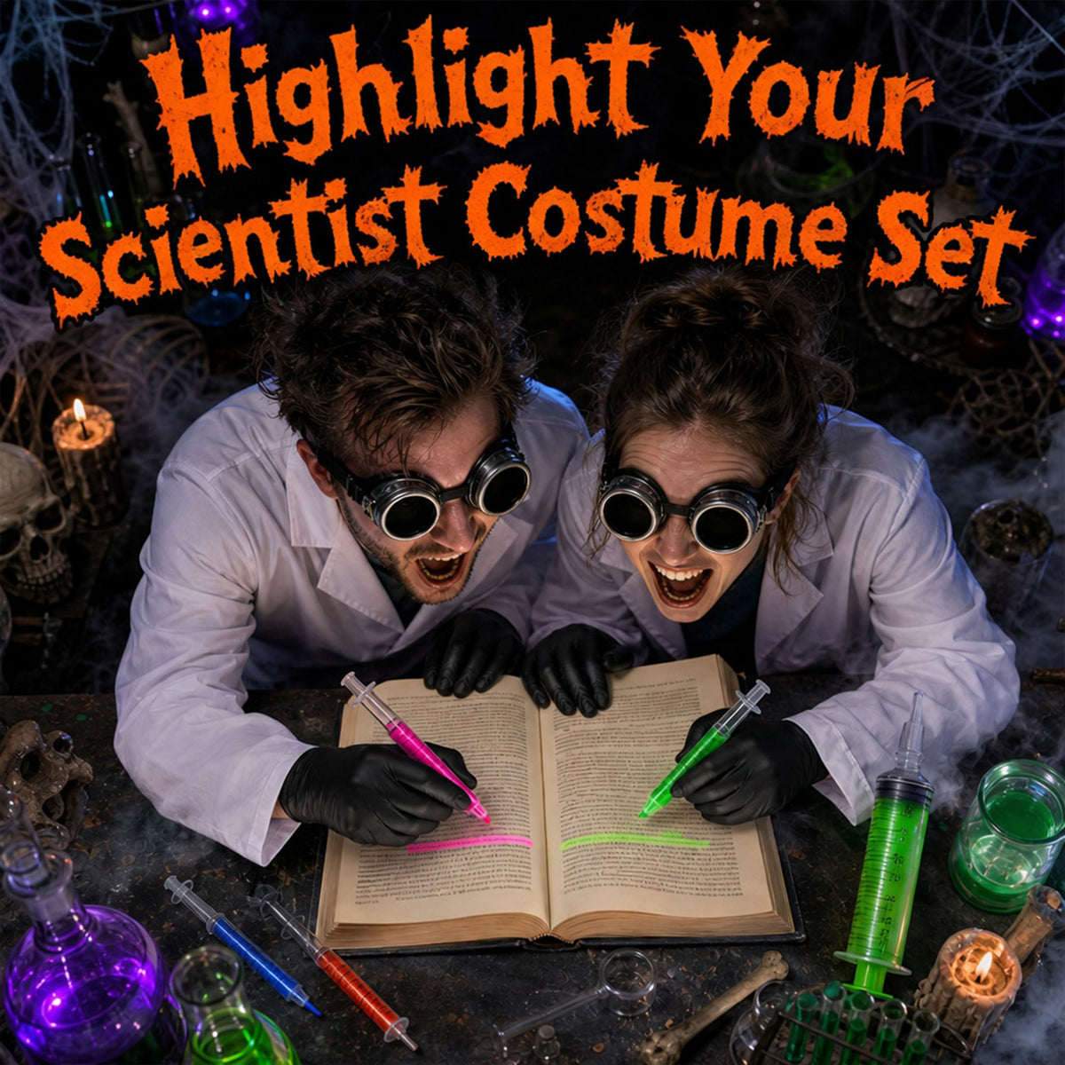 Mad Scientist Costume Set Lab Coat Goggles Gloves Green Syringe Halloween